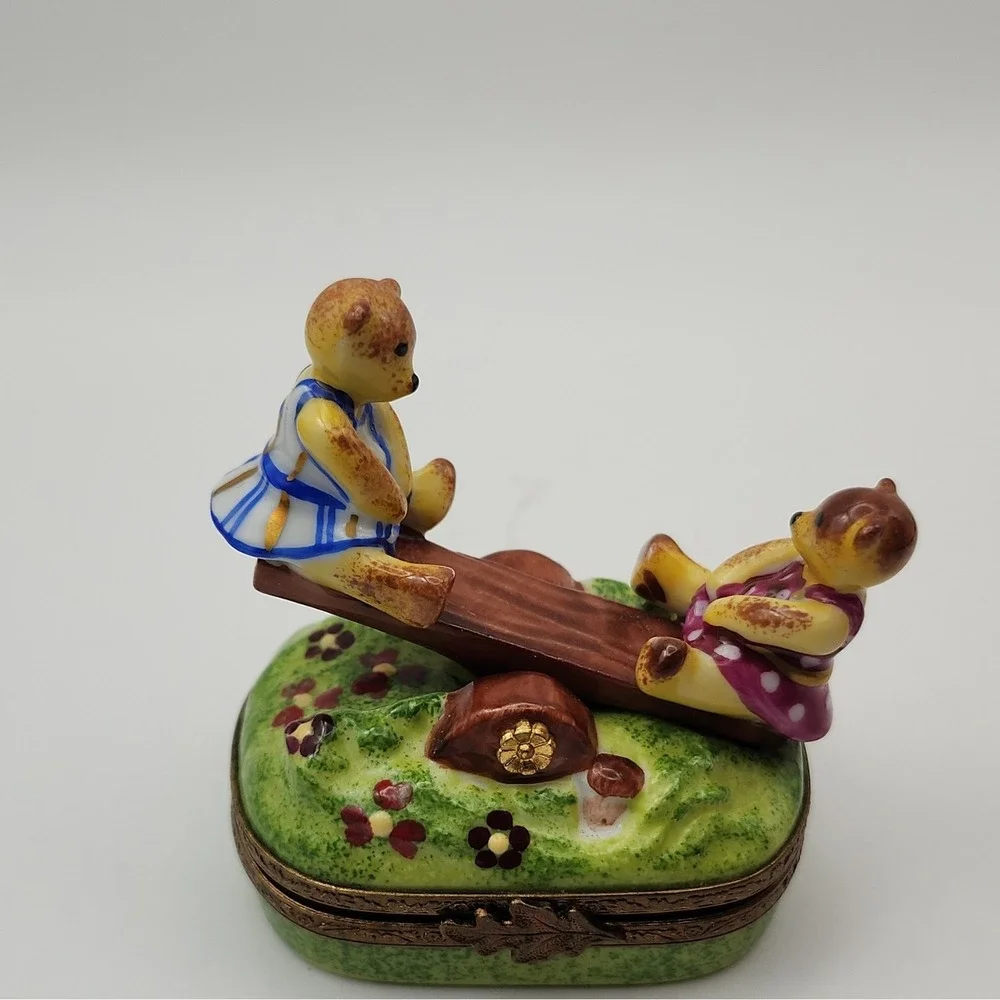 Parry-Vieille Limoges France Bears Seesaw Trinket Box Hand Painted Surprise